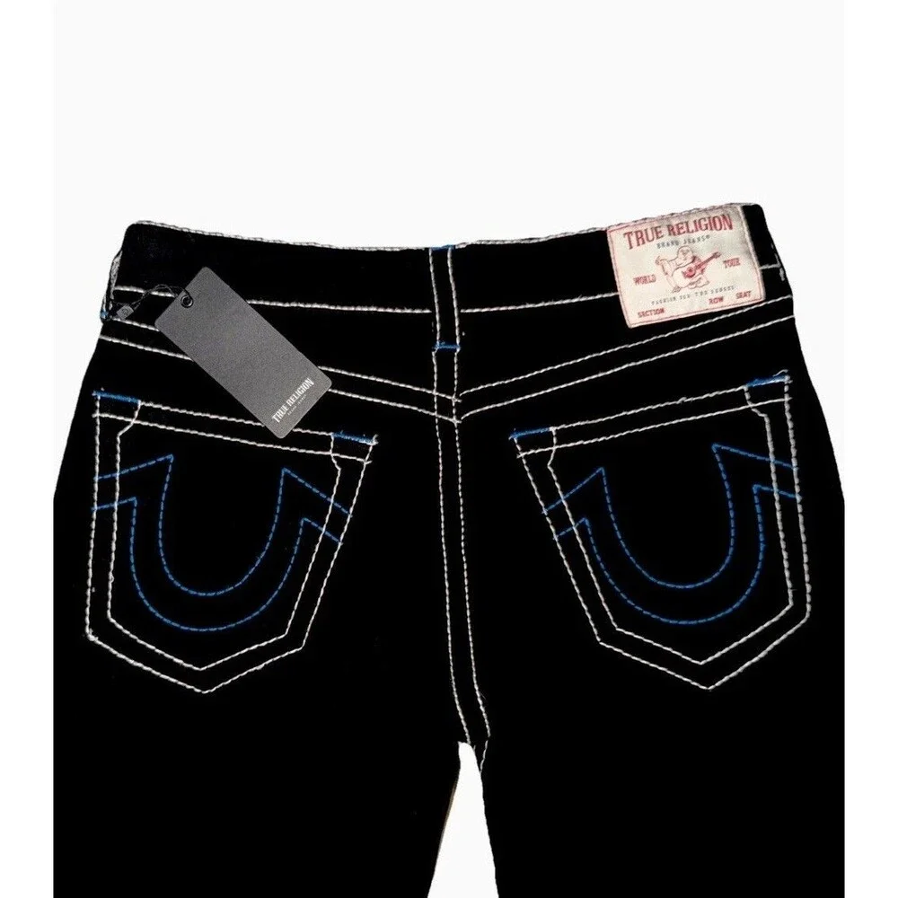 True Religion Jeans Men's Black Ricky Big T Blue Stitch Straight Denim NWT - Picture 1 of 5